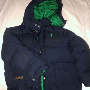 Boys Size 5 Down Winter Coat Navy & Green Good Condition